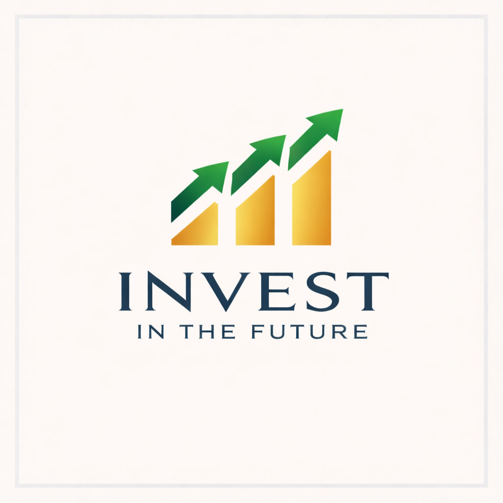 Minimal investment logo featuring three ascending gold bars topped with matching green upward arrows, symbolizing growth and progress, with the text ‘INVEST IN THE FUTURE’ in dark blue lettering on a light background.