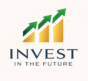 Minimal investment logo featuring three ascending gold bars topped with matching green upward arrows, symbolizing growth and progress, with the text ‘INVEST IN THE FUTURE’ in dark blue lettering on a light background.